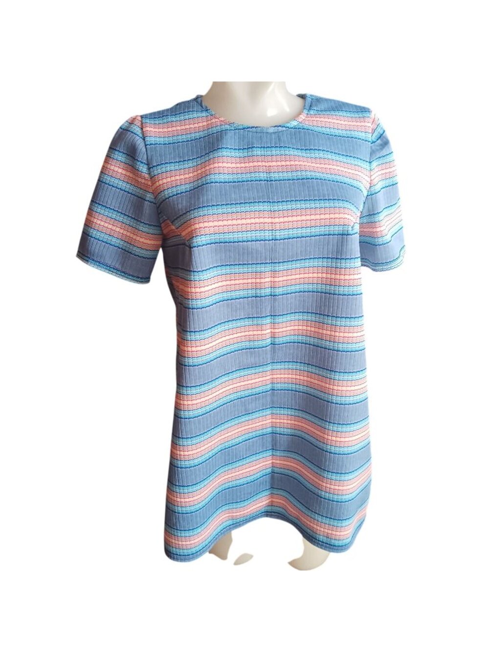 Vintage Women's Medium Tunic Top 1970's 1of1 Striped T-shirt Granny  Pink Blue